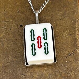 Mahjong Tile Pendant Necklace five canes- White with Green & Red Accents